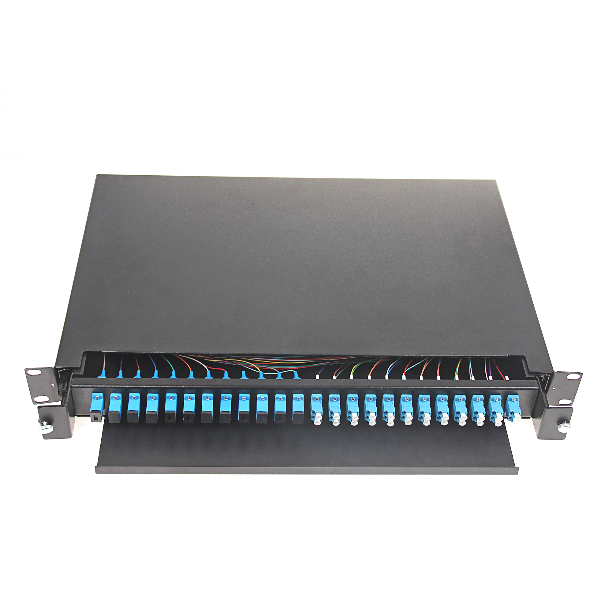 1U 19''24 Ports LC/SC (FC/ST) Fiber Path Panel Sliding Type with Front Cable Tray, Black Color