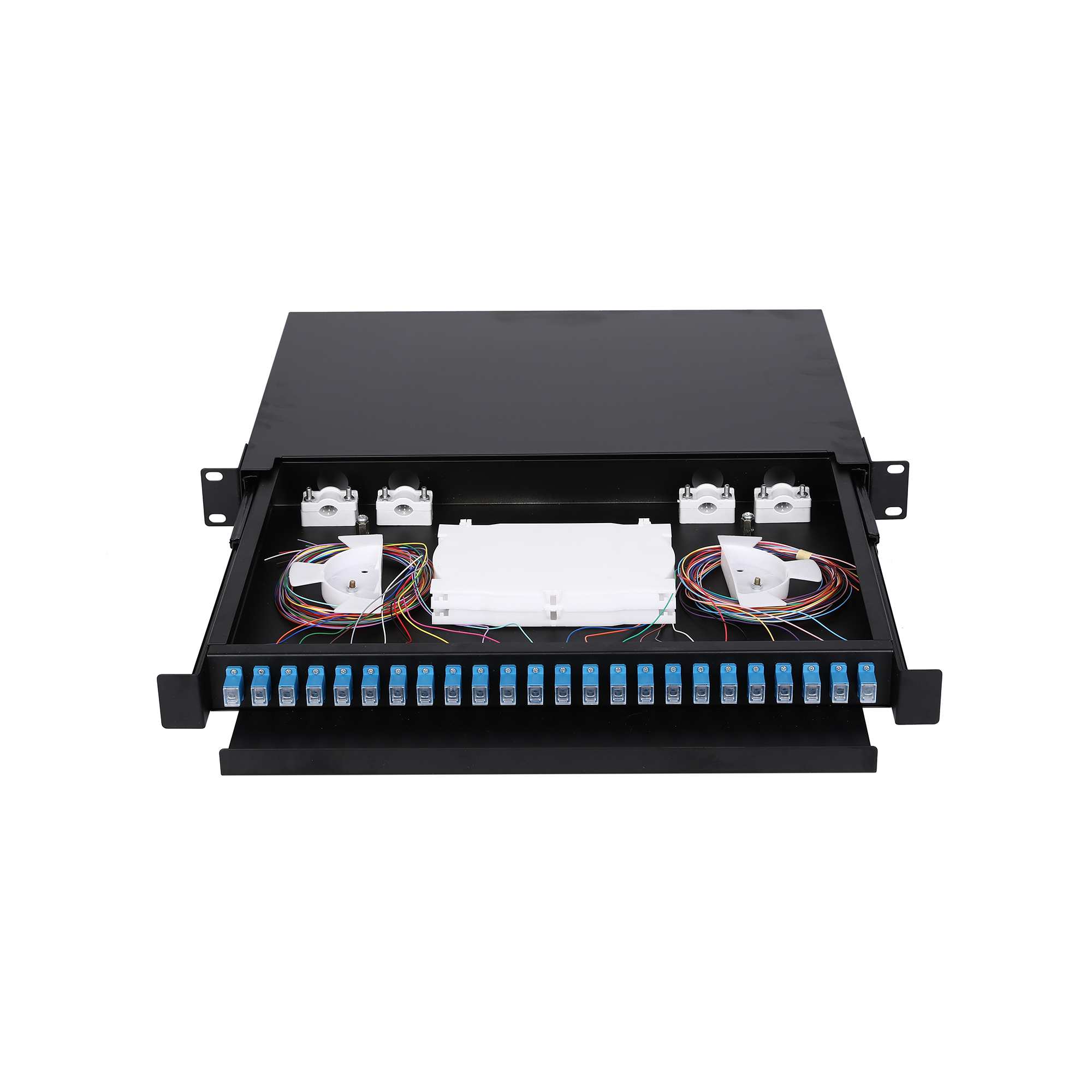 1U 19''24 Ports LC/SC (FC/ST) Fiber Patch Panel Sliding Type with Front Cable Tray, Black Color